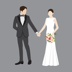 Beautiful young bride and groom couple holding hands on wedding day vector illustration