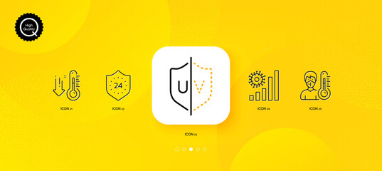 24 hours, Low thermometer and Uv protection minimal line icons. Yellow abstract background. Coronavirus statistics, Thermometer icons. For web, application, printing. Vector