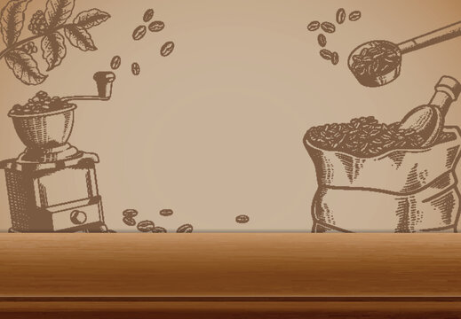 brown table texture effect with background coffee sketch retro style.