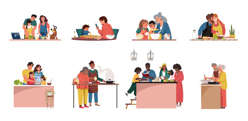 Naklejka na ściany i meble Collection of people cooking together. Parents, grandparents and kids preparing food, bake cake. Set of smiling men, women and children preparing homemade meals. Flat cartoon vector illustration.