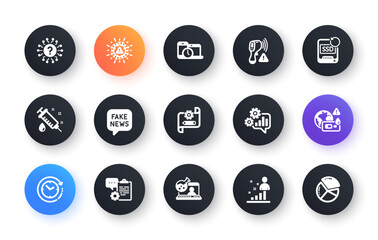 Minimal set of Clipboard, Question mark and Online chemistry flat icons for web development. Stats, Cogwheel blueprint, Fake news icons. Time management, Time change, Covid test web elements. Vector