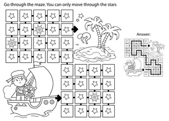 Maze or Labyrinth Game. Puzzle. Coloring Page Outline Of cartoon sail ship with sailor. Sea travelling. Coloring book for kids.