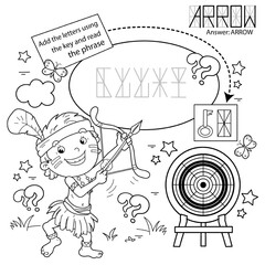 Puzzle Game for children. Coloring Page Outline Of Coloring Page Outline Of cartoon cheerful boy indian with bow for shooting and arrow and with target. Coloring Book for kids.