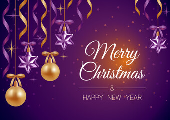 Merry Christmas and Happy New Year. Vector illustration. Purple and gold realistic shiny Christmas balls and stars, ribbons, serpentine. For advertising banner, website, posters, postcards, sale flyer