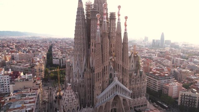 Sagrada Familia, Barcelona, Spain. Aerial View of Iconic Christian Landmark at Morning