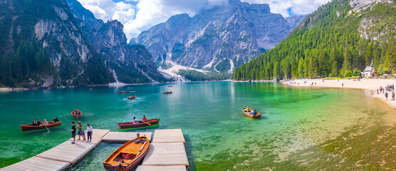 Braies Lake in South Tyrol, Italy - obrazy, fototapety, plakaty