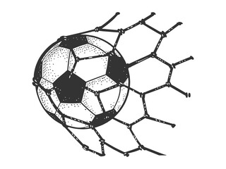 soccer football ball in goal net sketch engraving raster illustration. Scratch board imitation. Black and white hand drawn image. © Oleksandr Pokusai