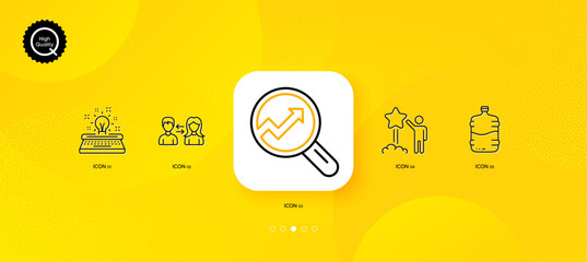 Fototapeta na wymiar Star, Analytics and Typewriter minimal line icons. Yellow abstract background. People communication, Cooler bottle icons. For web, application, printing. Vector
