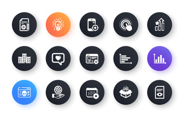 Minimal set of Safe planet, Web settings and Love message flat icons for web development. Horizontal chart, Open box, Seo phone icons. Diagram graph, Company, Cyber attack web elements. Vector