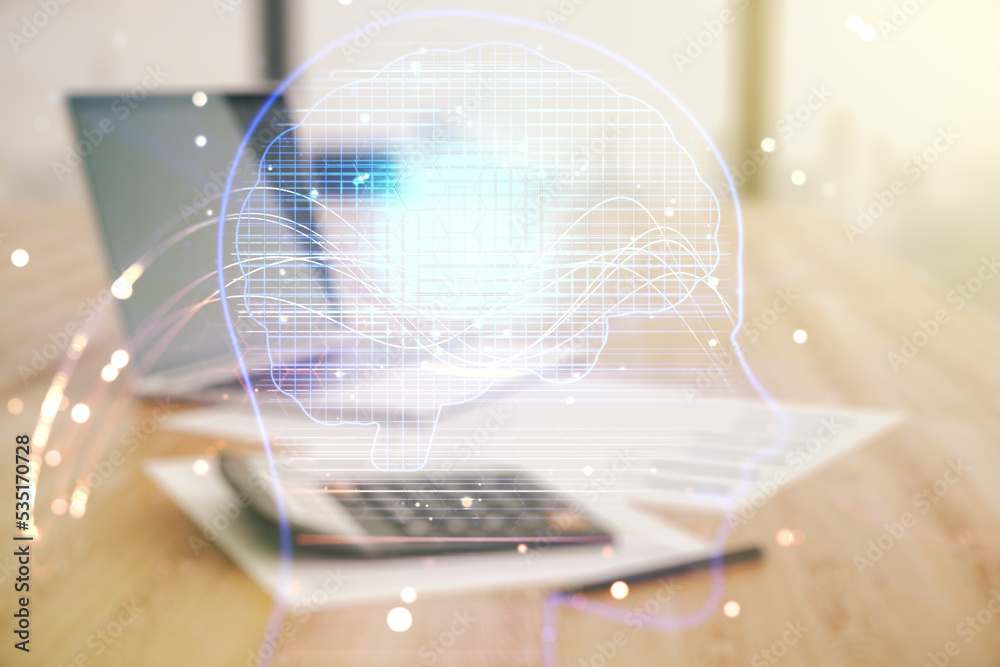 Aufkleber Double exposure of creative human head microcircuit hologram on calculator and pc background. Future technology and AI concept