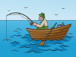 old man fishing from boat pinup pop art retro raster illustration. Comic book style imitation.