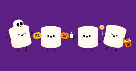 Marshmallow cartoon. marshmallow character design. Marshmallow in a halloween. halloween elements. Halloween party.