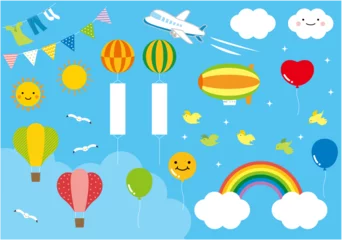 Fototapete Heißluftballon Verschiedene Dinge in der Himmelslandschaftsillustration