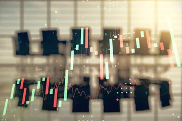 Multi exposure of abstract virtual financial graph hologram on a modern conference room background,...