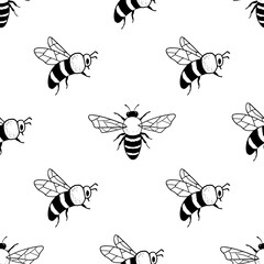 Honey bee or bumble isolated on white. Insect in hand drawn style. Vector monochrome doodle seamless pattern