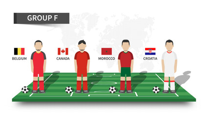 Qatar soccer cup tournament 2022 . 32 teams group stages and cartoon player character with jersey and country flags on perspective football field . Flat design . Vector .