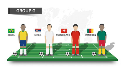 Qatar soccer cup tournament 2022 . 32 teams group stages and cartoon player character with jersey and country flags on perspective football field . Flat design . Vector .