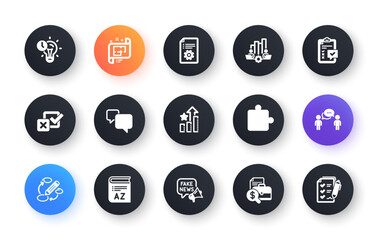 Minimal set of Speech bubble, Ranking stars and Teamwork chart flat icons for web development. Vocabulary, Checkbox, Puzzle icons. Technical documentation, Architectural plan. Vector