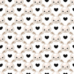 Cute rabbit, soft toy bunny and heart. Seamless background, vector illustration in cartoon style. Beige, brown and black colors, minimalism. For fabric, paper, covers and web.
