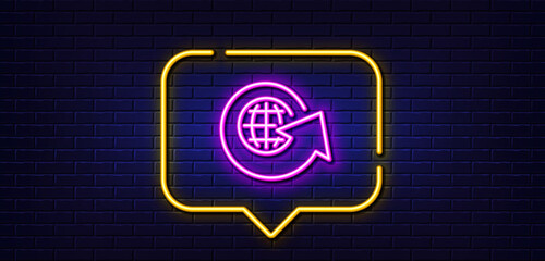 Neon light speech bubble. Global business line icon. Share arrow sign. World globe symbol. Neon light background. World globe glow line. Brick wall banner. Vector