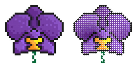 Pixel icon. Orchid flower, Tropical plant with flower. Simple retro game vector isolated on white background © RNko