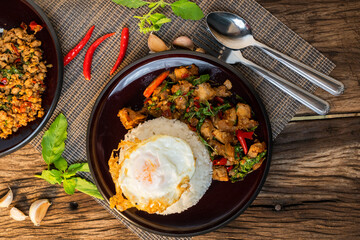 Thai street food spicy (kao pad kapao khaidao) 