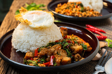 Thai street food spicy (kao pad kapao khaidao) 