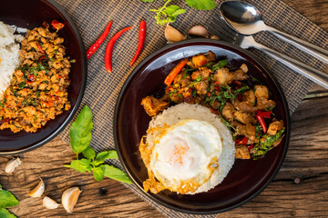 Thai street food spicy (kao pad kapao khaidao) 