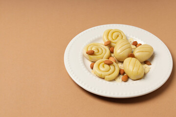 Concept of tasty sweet food, marzipan, space for text