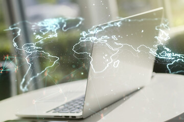 Abstract creative digital world map on modern computer background, globalization concept....