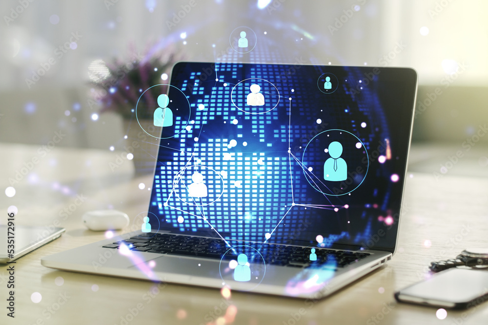 Aufkleber social network media concept with world map and modern computer on background. double exposure