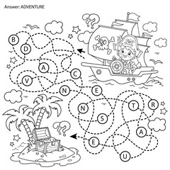 Maze or Labyrinth Game. Puzzle. Tangled road. Coloring Page Outline Of Cartoon pirate on pirate ship or sailboat with black sails. Island of treasure. Coloring Book for kids.