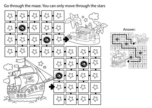 Maze or Labyrinth Game. Puzzle. Coloring Page Outline Of cartoon pirate ship with treasure island. Coloring book for kids.