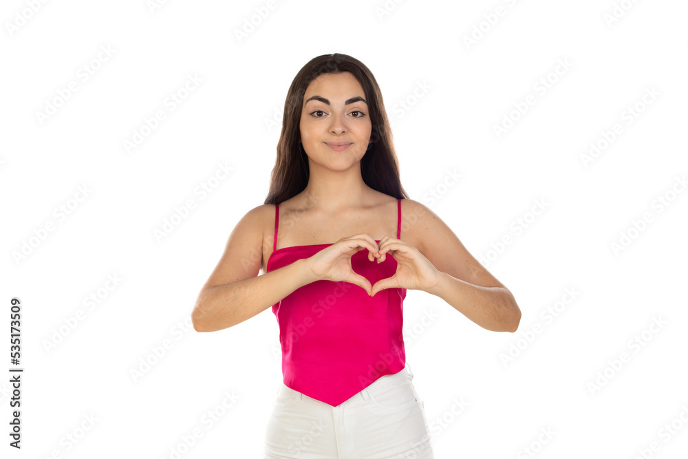 Wall mural valentines day concept. portrait of cute teen girl isolated on white background