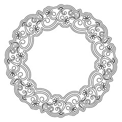 Oriental vector round frame with arabesques and floral elements. Floral gray and white round border with vintage pattern. Greeting card with circle and place for text