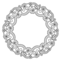 Oriental vector round frame with arabesques and floral elements. Floral gray and white round border with vintage pattern. Greeting card with circle and place for text