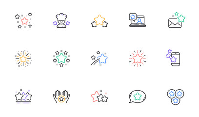Stars line icons. Night star, Glitter burst and Fireworks. Twinkle stars, Chef award line icons. Favorite bookmark, premium star, ranking rate. Sparkle geometry shape. Vector