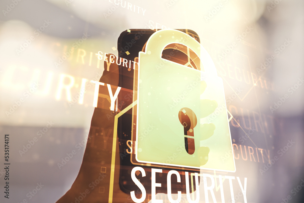 Aufkleber double exposure of creative lock hologram with chip and hand with cell phone on background. informat