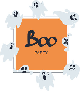 Ghosts fly around the orange square. Halloween theme. Boo party png