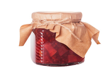 Jar of homemade lingonberry and pear jam with craft paper on lid isolated on white background. Autumn homemade preparations, stock of food for winter