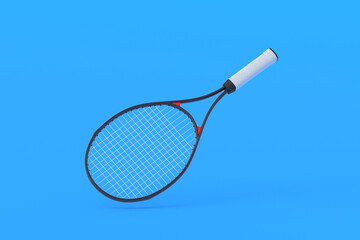 Flying tennis racquet on blue background. Sports equipments. International tournament. Game for laisure. Favorite hobby. 3d render