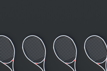 Row of tennis racquets on black background. Sports equipments. International tournament. Game for laisure. Favorite hobby. Top view. Copy space. 3d render