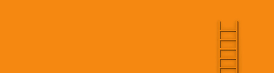 Orange staircase on Orange background. Staircase stands vertically near wall. Way to success concept. Banner for insertion into site. Place for text cope space. 3d image. 3D rendering.