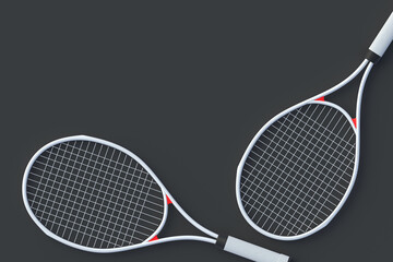 Pair of tennis racquets. Sports equipments. International tournament. Game for laisure. Favorite hobby. Copy space. Flat lay. 3d render