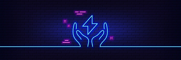 Neon light glow effect. Safe energy line icon. Thunderbolt sign. Electric power symbol. 3d line neon glow icon. Brick wall banner. Safe energy outline. Vector