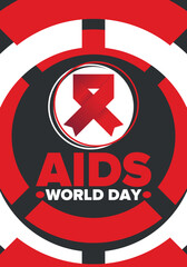 Obraz premium World Aids Day. Red ribbon symbol. Awareness and prevention hiv. Medical healthcare concept. Human support and protection. Celebrated annual in December 1. Poster, banner and background. Vector