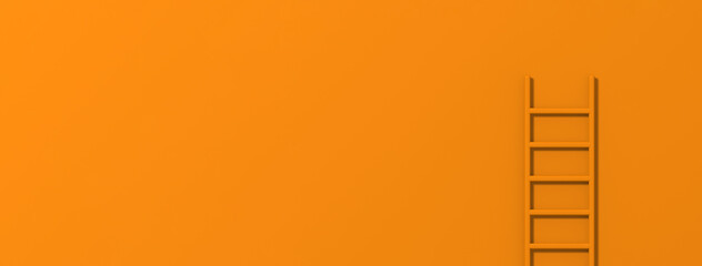 Orange staircase on Orange background. Staircase stands vertically near wall. Way to success concept. Banner for insertion into site. Place for text cope space. 3d image. 3D rendering.
