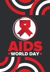 World Aids Day. Red ribbon symbol. Awareness and prevention hiv. Medical healthcare concept. Human support and protection. Celebrated annual in December 1. Poster, banner and background. Vector