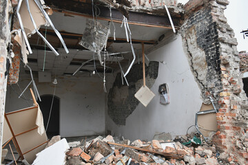 A building destroyed by rocket fire in the city of Dnipro.