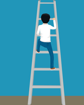 Boy Climbing The Ladder To Reach High
